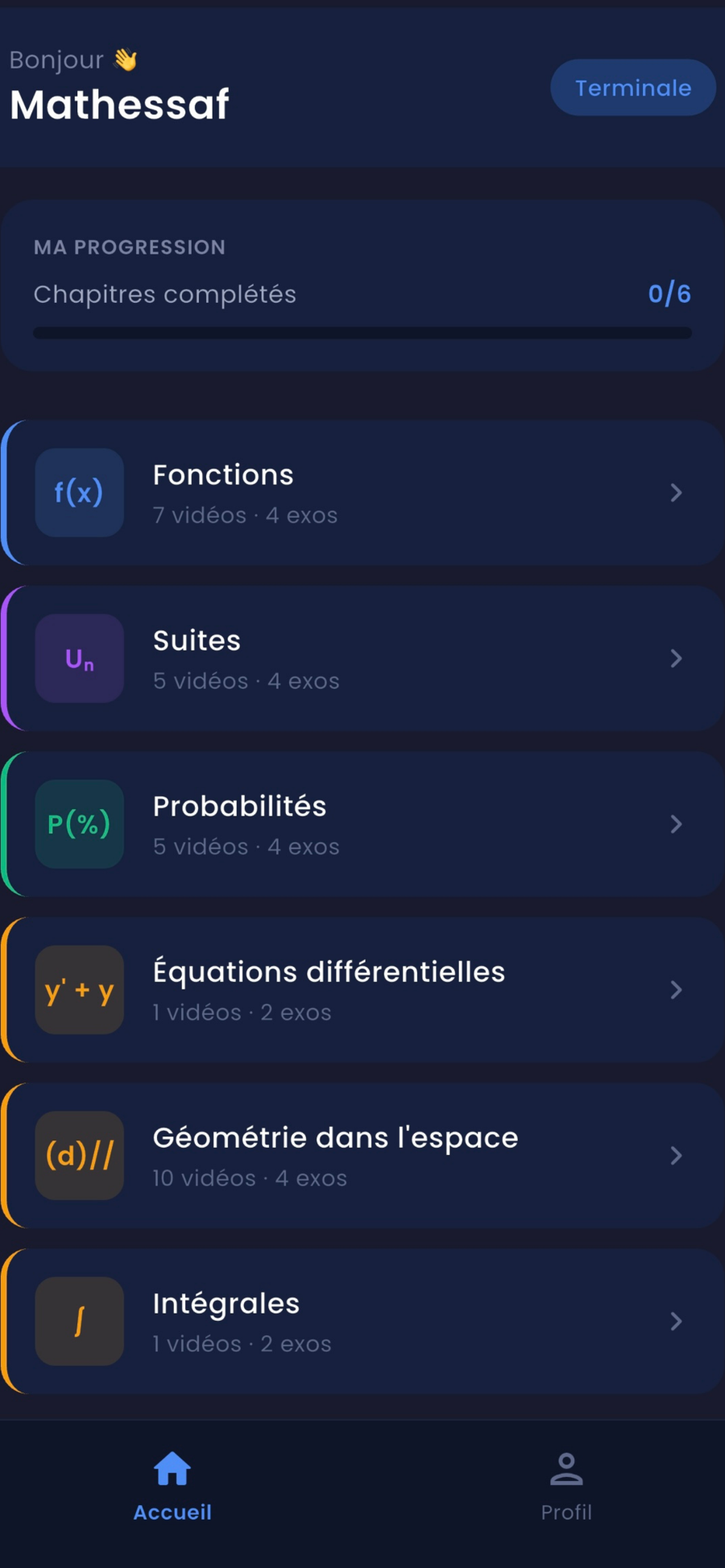 Écran d'accueil avec la barre de progression sur les six chapitres.