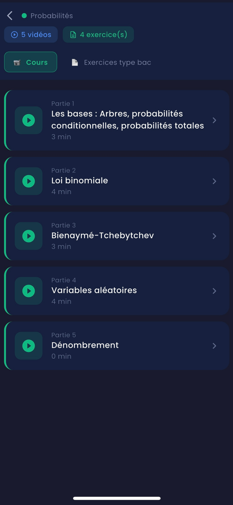 Chapitre Probabilités : les vidéos découpées en cinq parties de 3 à 4 minutes.
